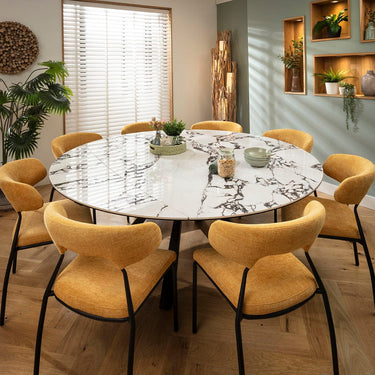Quatropi Oscar & Rudie 8 Seater Round Extendable Dining Set Yellow Gold & Black-Veined White Ceramic