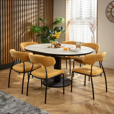 Quatropi Oscar & Venus 6 Seater Round Extendable Dining Set Yellow Gold & Light Grey Ceramic