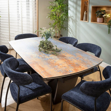 Quatropi Oscar & Zelda Modern 6 Seater Extendable Dining Set Rustic Blue Ceramic