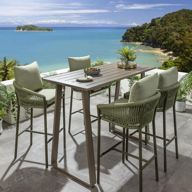 Quatropi Outdoor 4 Seat Tall High Table & Stool Garden Bar Set Green Beige Aluminium