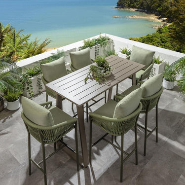 Quatropi Outdoor 6 Seat Tall High Table & Stool Garden Bar Set Green Beige Aluminium
