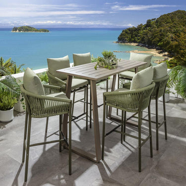 Quatropi Outdoor 6 Seat Tall High Table & Stool Garden Bar Set Green Beige Aluminium