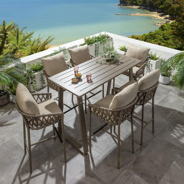 Quatropi Outdoor 6 Seater Tall High Table & Stool Garden Bar Set Beige Aluminium