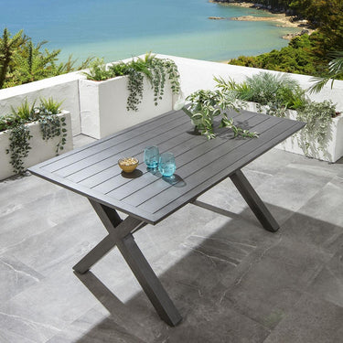 Quatropi Outdoor Garden Dining Table Cross Leg Metal Grey Wood Effect 6 Seat 160cm