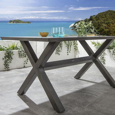 Quatropi Outdoor Garden Dining Table Cross Leg Metal Grey Wood Effect 6 Seat 160cm