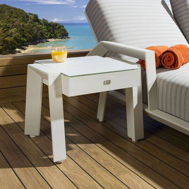 Quatropi Outdoor Side End Table in White Alum with Ceramic Top Garden Luxury