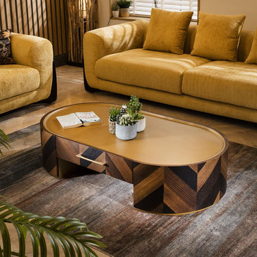 Quatropi Oval Coffee Table With Storage Drawer Metal Top Brown Oak 130x70cm