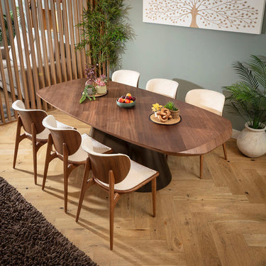 Quatropi Phoenix Designer 6 Seater Dining Set White Boucle Fabric & Walnut Wood