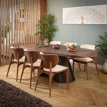 Quatropi Phoenix Designer 6 Seater Dining Set White Boucle Fabric & Walnut Wood
