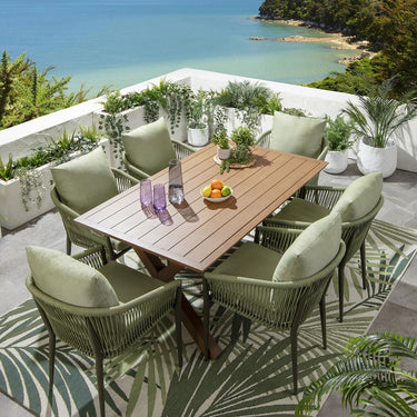 Quatropi Premium 6 Seater Garden Dining Set Green Oak Wood Effect Aluminium