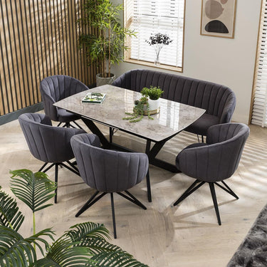 Quatropi Premium Bench Dining Set - 6 Seater - Extendable Grey Ceramic Dining Table