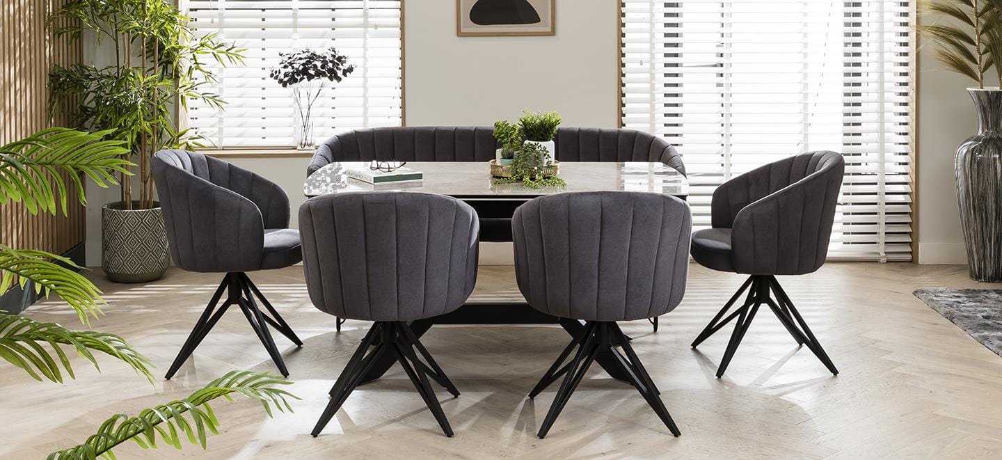 Quatropi Premium Bench Dining Set - 6 Seater - Extendable Grey Ceramic Dining Table