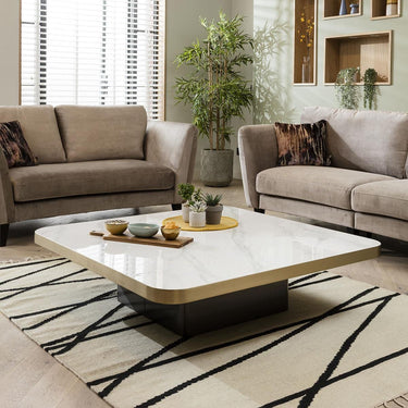 Quatropi Premium Ceramic Marble Top Large Coffee Table with Metal Accent - White 120cm Square