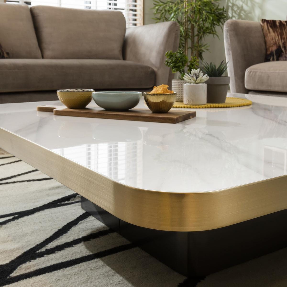 Quatropi Premium Ceramic Marble Top Large Coffee Table with Metal Accent - White 120cm Square