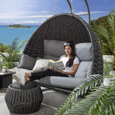 Quatropi Premium Garden Round Outdoor Footstool Pouffe Grey Rope Weave 62cm