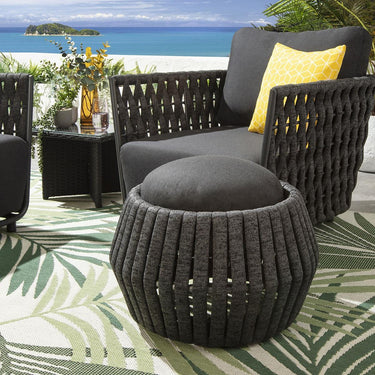 Quatropi Premium Garden Round Outdoor Footstool Pouffe Grey Rope Weave 62cm