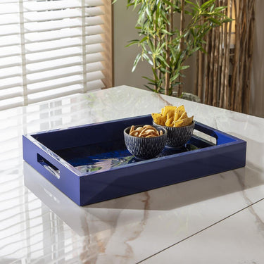 Quatropi Premium Hand-Painted Glossy Wooden Tray Blue & Black 36x26cm