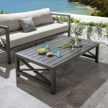 Quatropi Premium Outdoor Coffee Table Modern Wood Effect Aluminium Grey 140x86cm