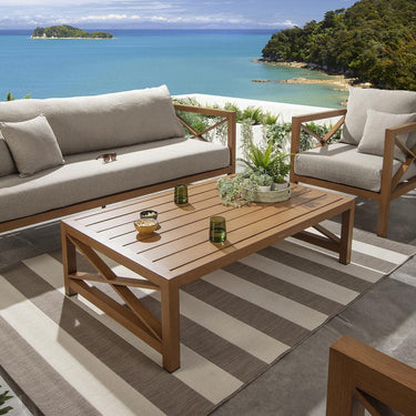Quatropi Premium Outdoor Coffee Table Modern Wood Effect Aluminium Oak 140x86cm