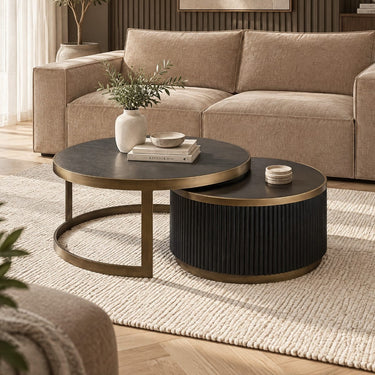 Quatropi Premium Round Nest of Tables Coffee Table Black Oak Brass Metal
