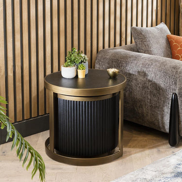 Quatropi Premium Round Nest of Tables Lamp End Side Table Black Oak Brass Metal
