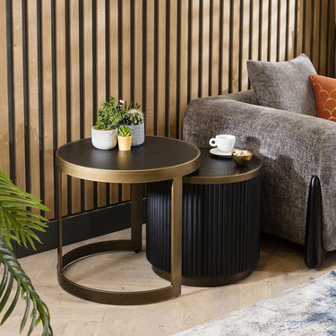 Quatropi Premium Round Nest of Tables Lamp End Side Table Black Oak Brass Metal