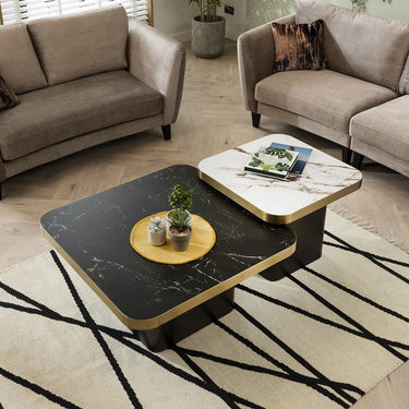Quatropi Premium Set of 2 Ceramic Marble Top Large Coffee Tables White & Black Square