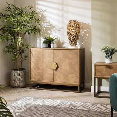 Quatropi Premium Wooden 2 Door Sideboard Console Oak & Gold Metal Brown 108cm