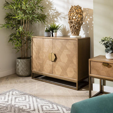 Quatropi Premium Wooden 2 Door Sideboard Console Oak & Gold Metal Brown 108cm
