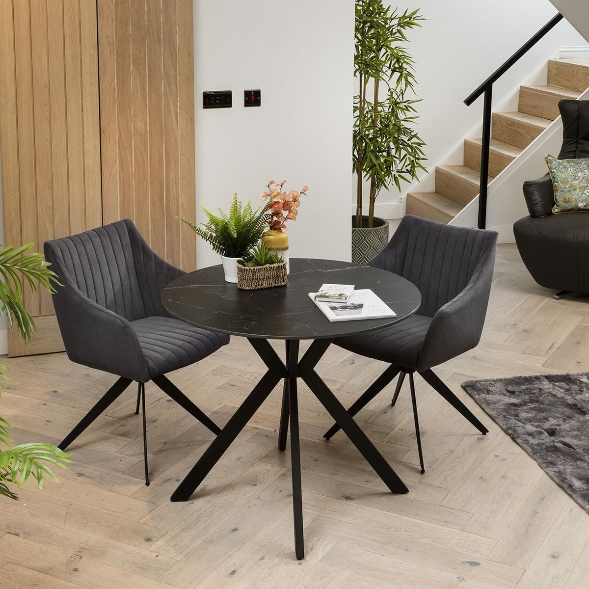 Quatropi Quatropi 2 Person Round Dining Table And Chairs - Black Ceramic Marble - Grey Chairs