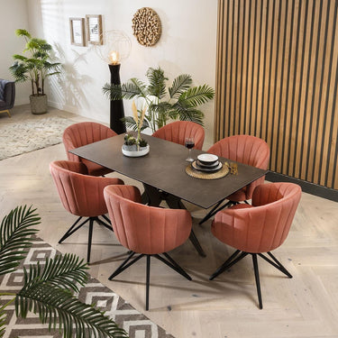 Quatropi Quatropi 6 Seater Extending Dining Set - Dark Grey Ceramic Table, Pink Swivel Chairs