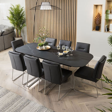 Quatropi Quatropi 8 Seater Black Ceramic Dining Set Modern Grey Faux Leather
