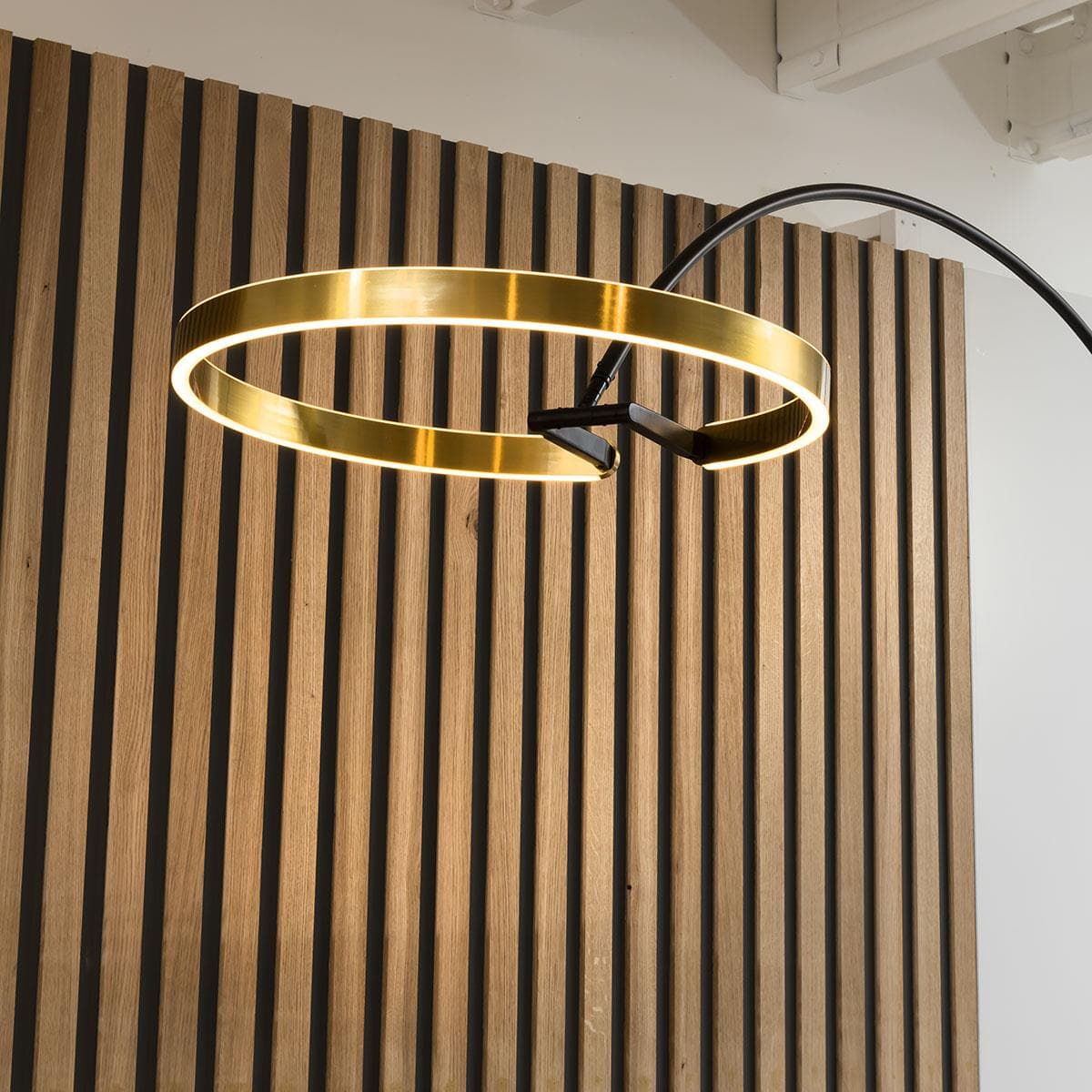 Quatropi Quatropi Large Arc Overreach Floor Lamp - Black Curved Stemp, Gold LED Ring