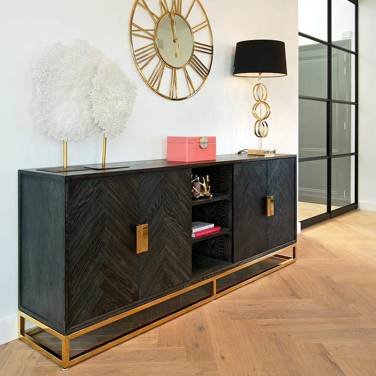 Quatropi Quatropi Large Black Oak and Gold Sideboard Dining Cabinet 225cm