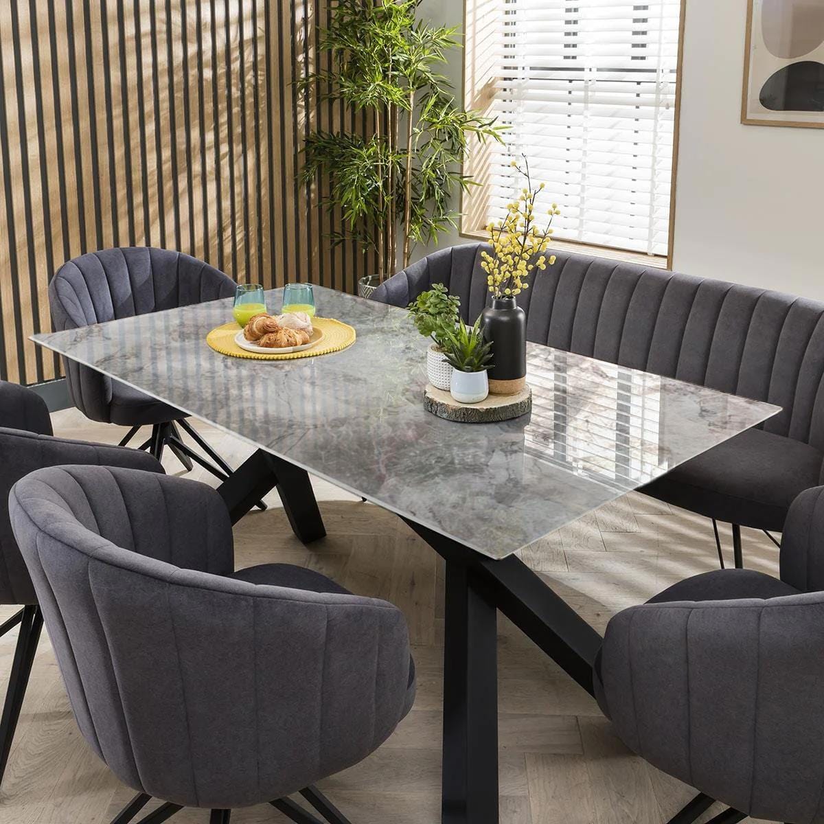Quatropi Quatropi Modern 6 Seater Ceramic Dining Table And Bench Set - Grey Blue