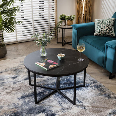 Quatropi Quatropi Round Coffee Table Modern Black Marble-Effect Ceramic Top 90cm