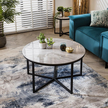 Quatropi Quatropi Round Coffee Table Modern Grey Marble-Effect Ceramic Top 90cm