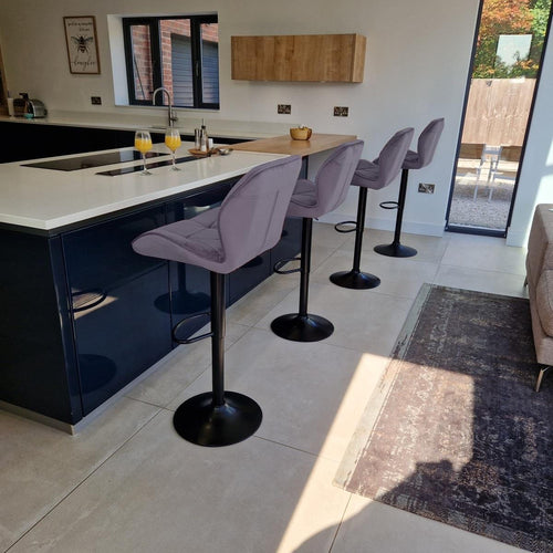 Quatropi Set of 4 Modern Kitchen Bar Stools - Grey Velvet - Adjustable Seat Height