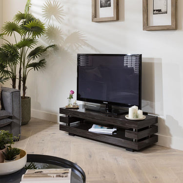 Quatropi Quatropi Small TV Stand 120cm Dark Brown Smoked Oak Gloss - AV Shelf, 34cm Tall