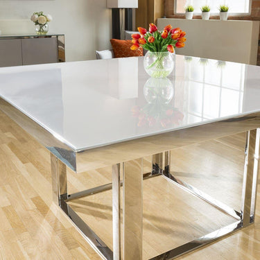 Quatropi Quatropi Square Dining Table 150cm White Gloss - Glass Top & Silver Metal Legs