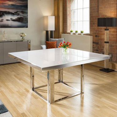 Quatropi Quatropi Square Dining Table 150cm White Gloss - Glass Top & Silver Metal Legs