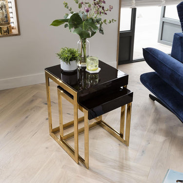 Quatropi Quatropi Square Nesting Side Tables 2-Piece 45cm Gloss Teak - Golden Steel Legs