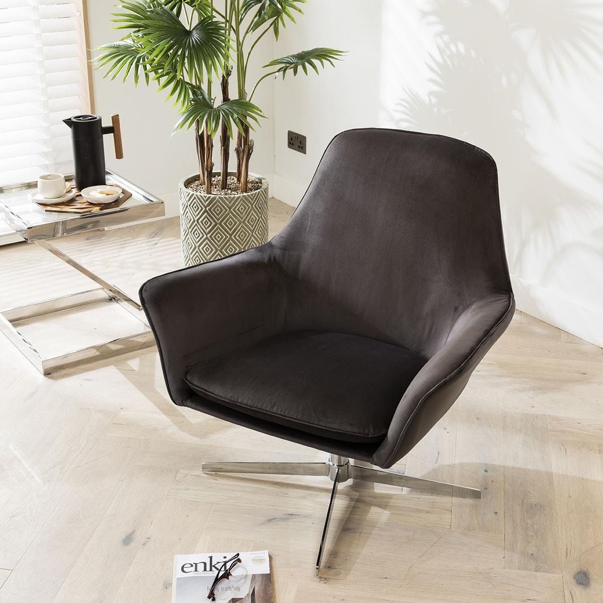 Quatropi Quatropi Swivel Accent Chair Modern Grey Fabric & Silver Metal Base