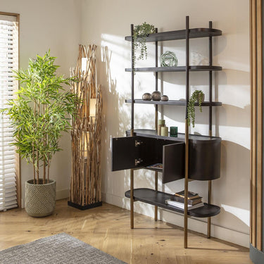 Quatropi Quatropi Tall Shelving Unit With Drawers Black Oak Antique Gold Stainless Steel 2200mm