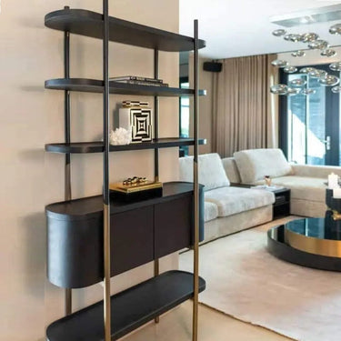 Quatropi Quatropi Tall Shelving Unit With Drawers Black Oak Antique Gold Stainless Steel 2200mm
