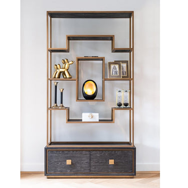 Quatropi Quatropi Tall Shelving Unit With Drawers Black Oak Gold Stainless Steel 2200mm