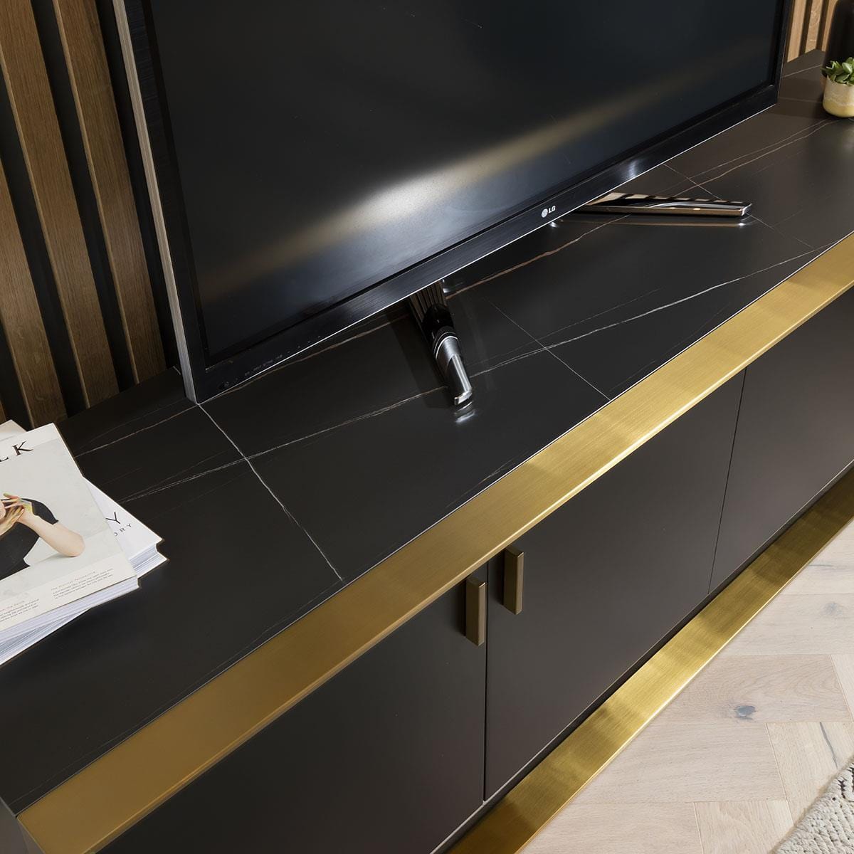 Quatropi Quatropi TV Cabinet 200cm Matte Black with Brass Frame & Black Ceramic Top