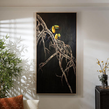 Quatropi Quatropi Wall Art - Hand Painted Black Toucan Bird Wall Decor With Frame - 90x180cm