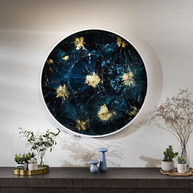 Quatropi Quatropi Wall Art - Round Hand Painted Blue Wall Decor With Frame - 100cm