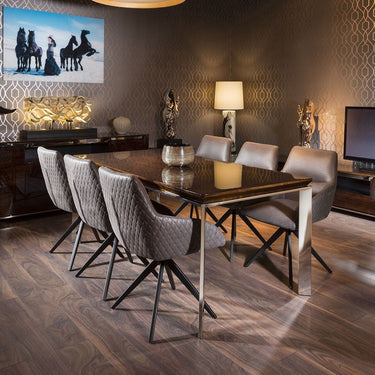 Quatropi Rectangular Golden Teak Dining Table 1.8m + 6 Brown Swivel Chairs